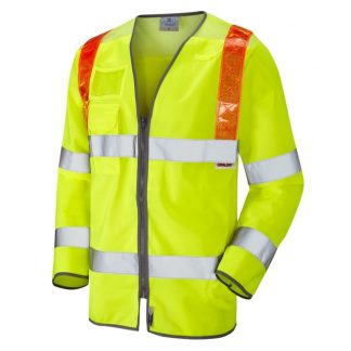 Hi visibility double banded sleeved waistcoat EN471 class 3 - Yellow - Red braces and vented Leo