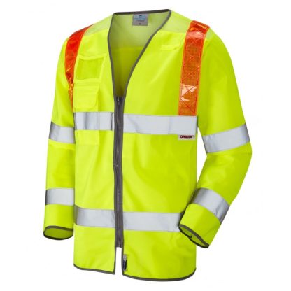 Hi visibility double banded sleeved waistcoat EN471 class 3 - Yellow - Red braces and vented Leo