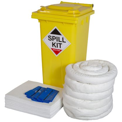 120 litre Oil and fuel spill kit contained in yellow wheeled bin